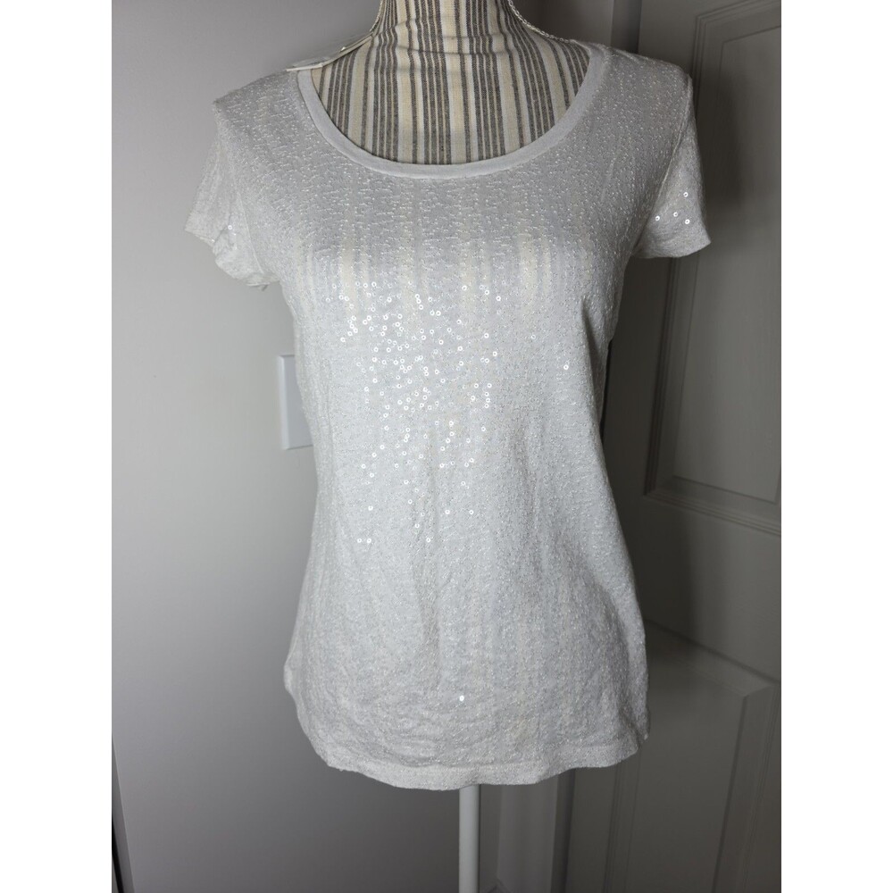 Calvin Klein White/Cream Sequin Top Short Sleeves Size Small Crew Neck Sparkle